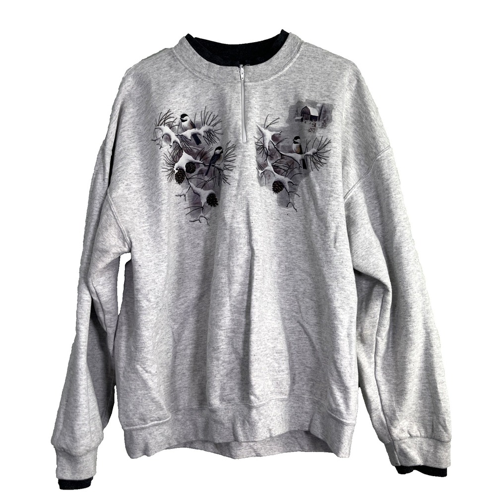 PFI Fashions Vtg 1/4 Zip Sweater Womens 2X Gray Novelty Birds Chickadee Snow